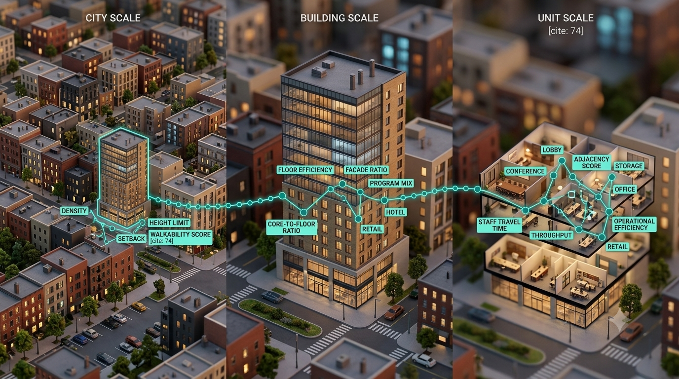 City block zooming into building floor plan — one reasoning engine at any scale