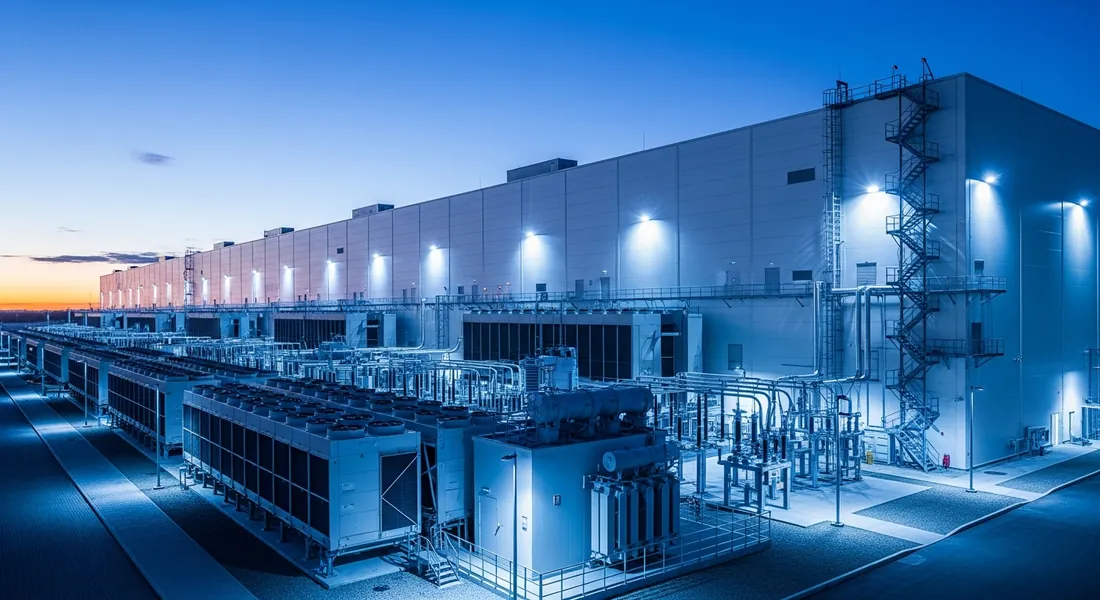 Data centre at night — power, cooling and access constraints
