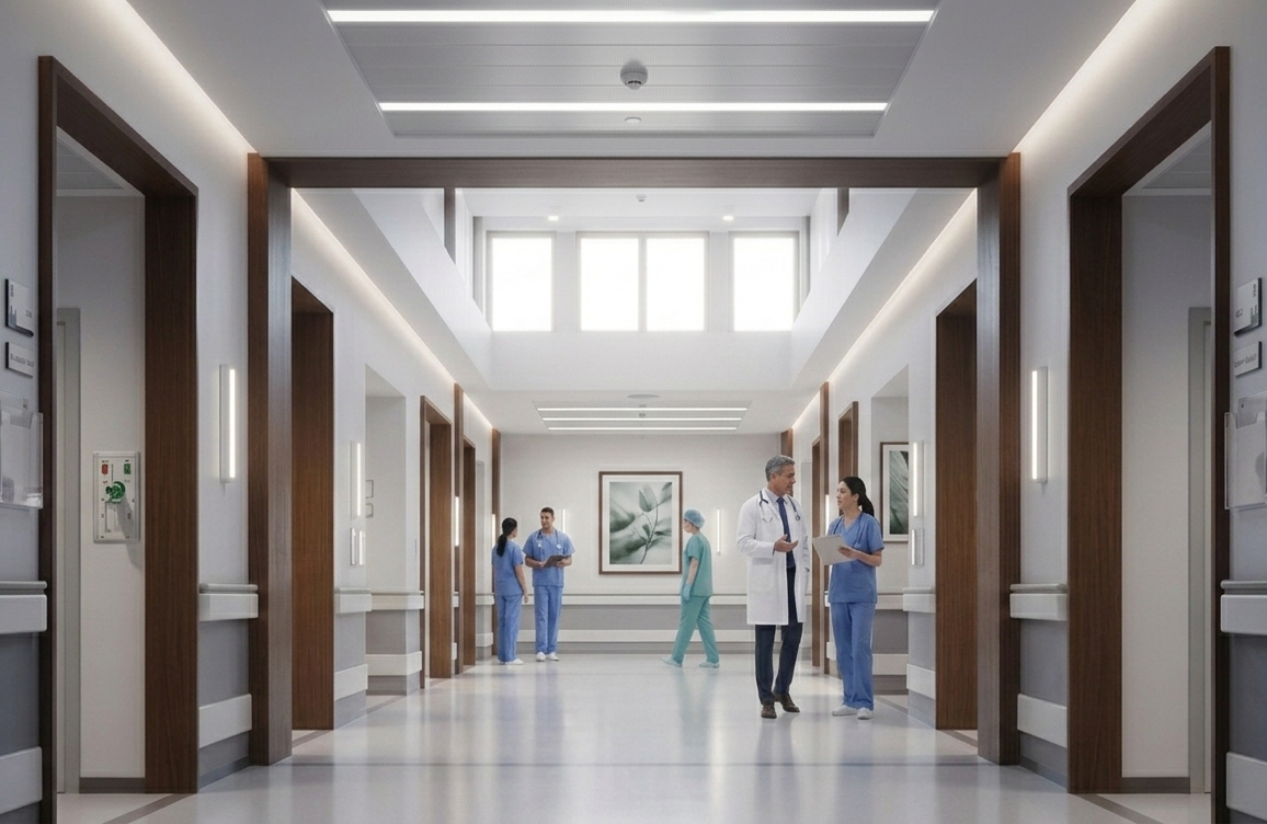 Hospital corridor — every extra step staff take, every shift, for decades