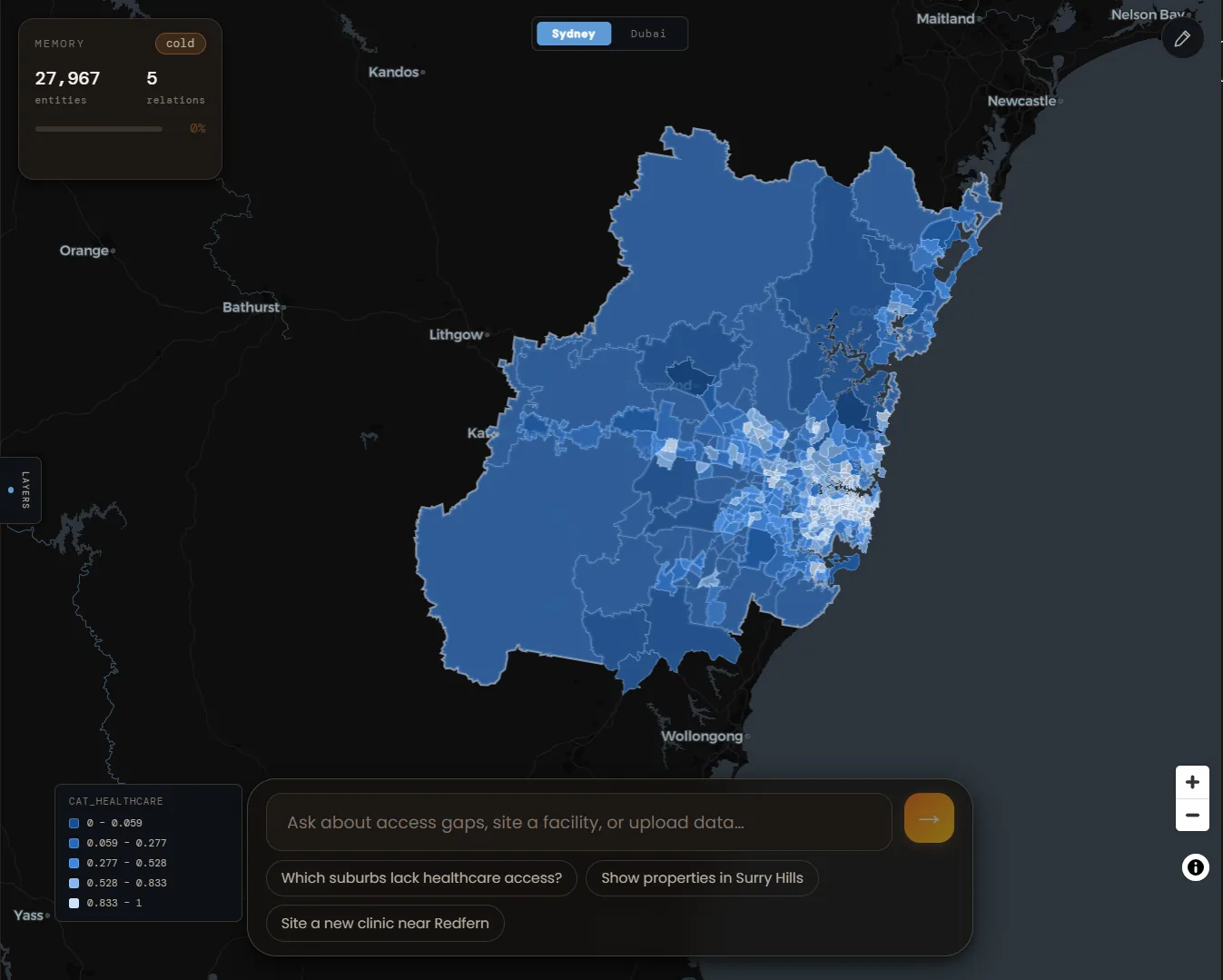 Onthology's live product interface mapping healthcare access by district across Greater Sydney, with the spatial memory panel and query bar visible