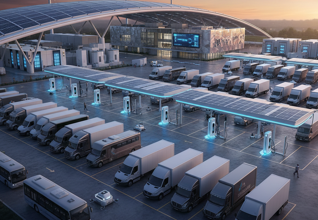 Fleet depot electrification facility with charging infrastructure, grid connection, and operational layout